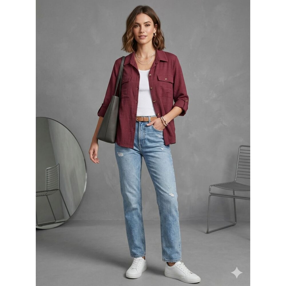 NWT Naif Blouse Women Size M Brown Button Down 3/4 Sleeves Office Career Casual